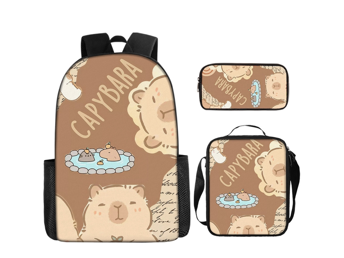 Mochila Estudantil Panoona Conjunto De Três Peças Com Lancheira E Estojo, Estampa De Capivara Cartoon Fofa (17 Polegadas) Estilo 8