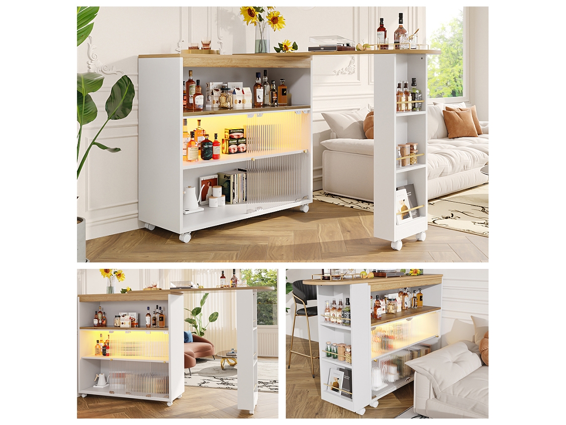 Mesa de Bar Extensível Led 138 204x39x105 Cm Móvel Moderno, Arrumação, Bistrô Cozinha, Grande Capacidade Branco NOVELA