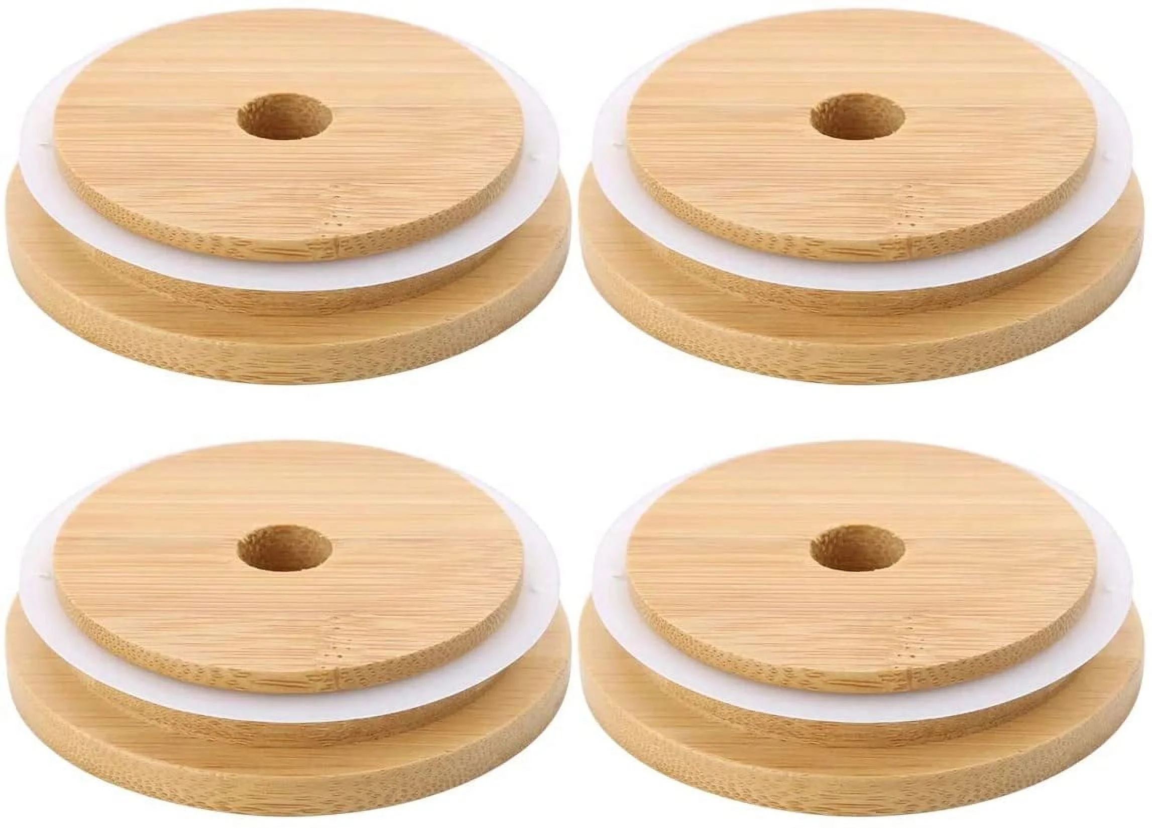 Conjunto De 4 Tampas Largas Para Potes De Conserva, Reutilizáveis De Bambu Com Furo Para Canudo, À Prova De Vazamentos, 86 Mm