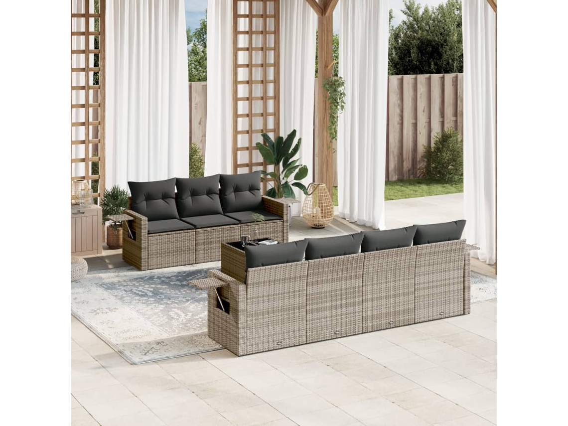 Vidaxl 8 Pcs Conjunto Sofás De Jardim C/ Almofadões Vime Pe Cinzento