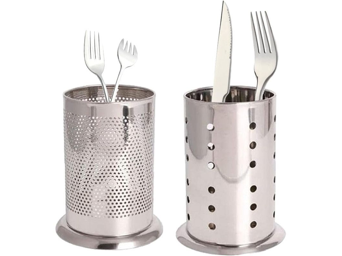 Porta-talheres redondo Rebe-porta em aço inoxidável para utensílios de cozinha, com design vazado e base espessa, conjunto de 2 peças.