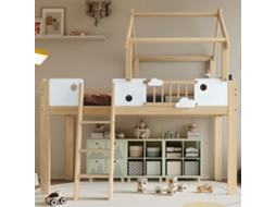 Beliche infantil com proteção contra quedas e grau de proteção, com degrau inclinado de três graus, estrutura em pinho, pinho + MDF + compensado.