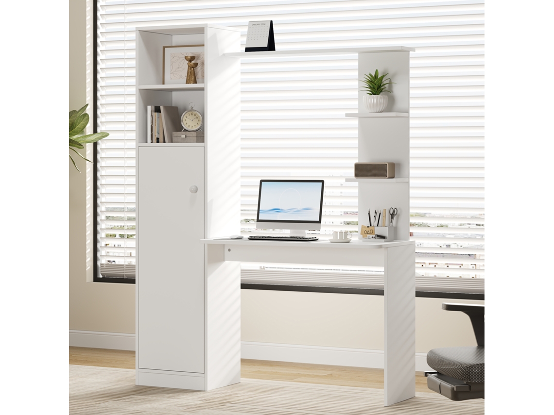 Mesa De Escritório, Escrivaninha E Mesa De Estudo Com Armário E Prateleira, Design Moderno Para Escritório, 123,5 X 45 X 168,5 Cm, Branca