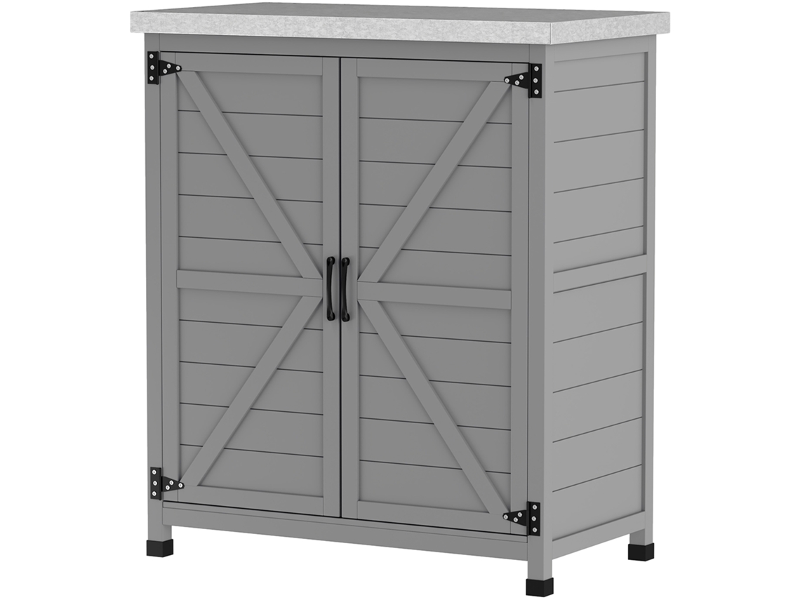 Armário De Exterior Em Madeira Com Tampo De Aço Galvanizado Prateleira 2 Portas Para Armazenamento De Ferramentas 79x43x92 Cm Cinza