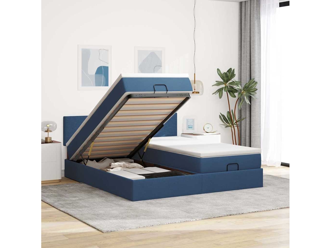 Vidaxl Estrutura De Cama Otomana Com Colchões 200x200cm Tecido Azul