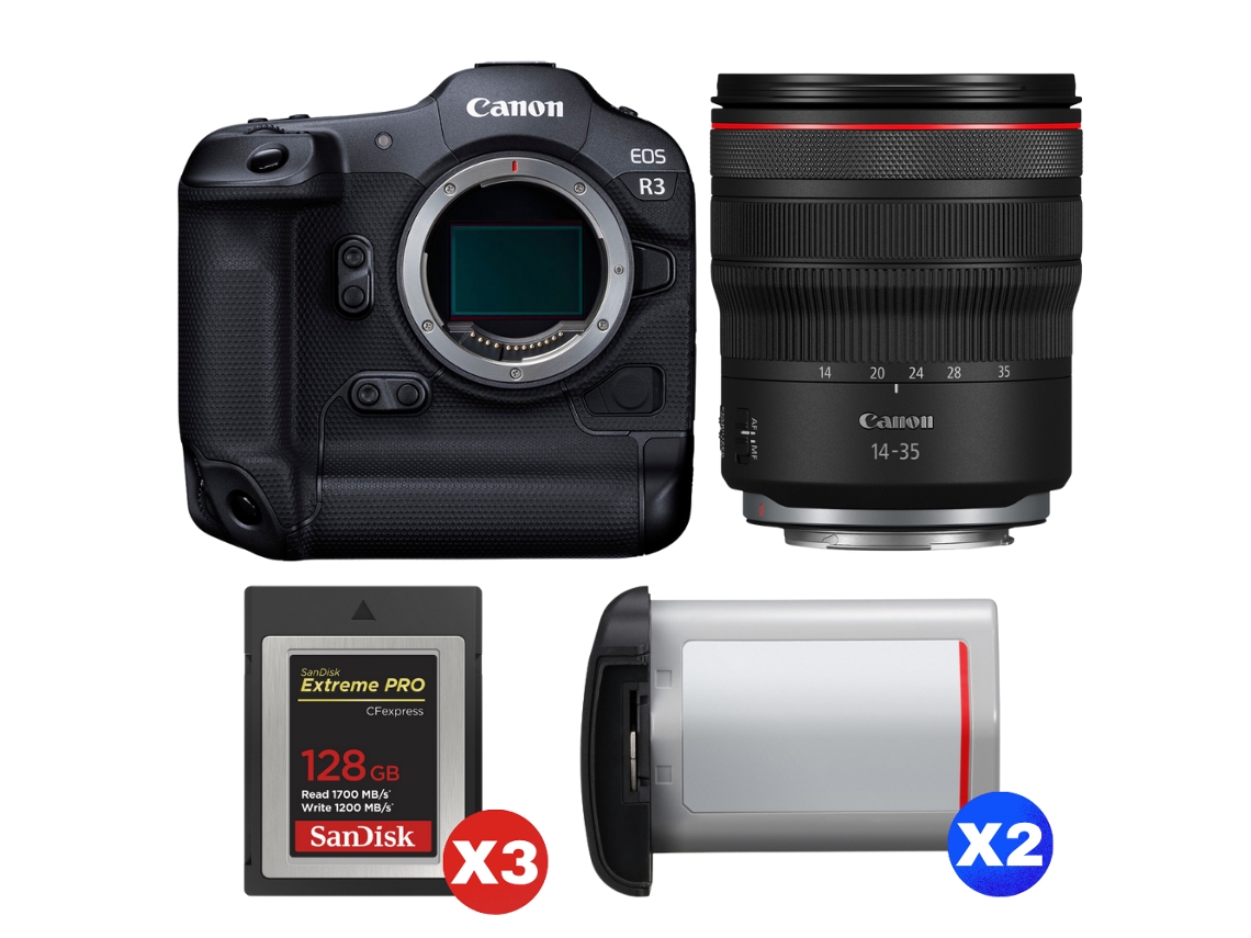 Eos R3 + Rf 14 35mm F/4 L Is Usm + 3 Sandisk 128gb Extreme Pro Cfexpress Type B + 2 Canon Lp e19 + Ebook “20 Dicas para Fotos Que Impressionam” CANON