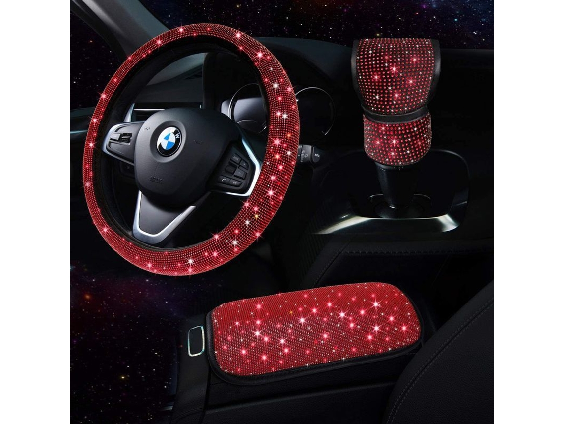 Conjunto de Acessórios para Carro Red Bling para Mulheres, Capa de Volante com Strass Universal 15 Polegadas