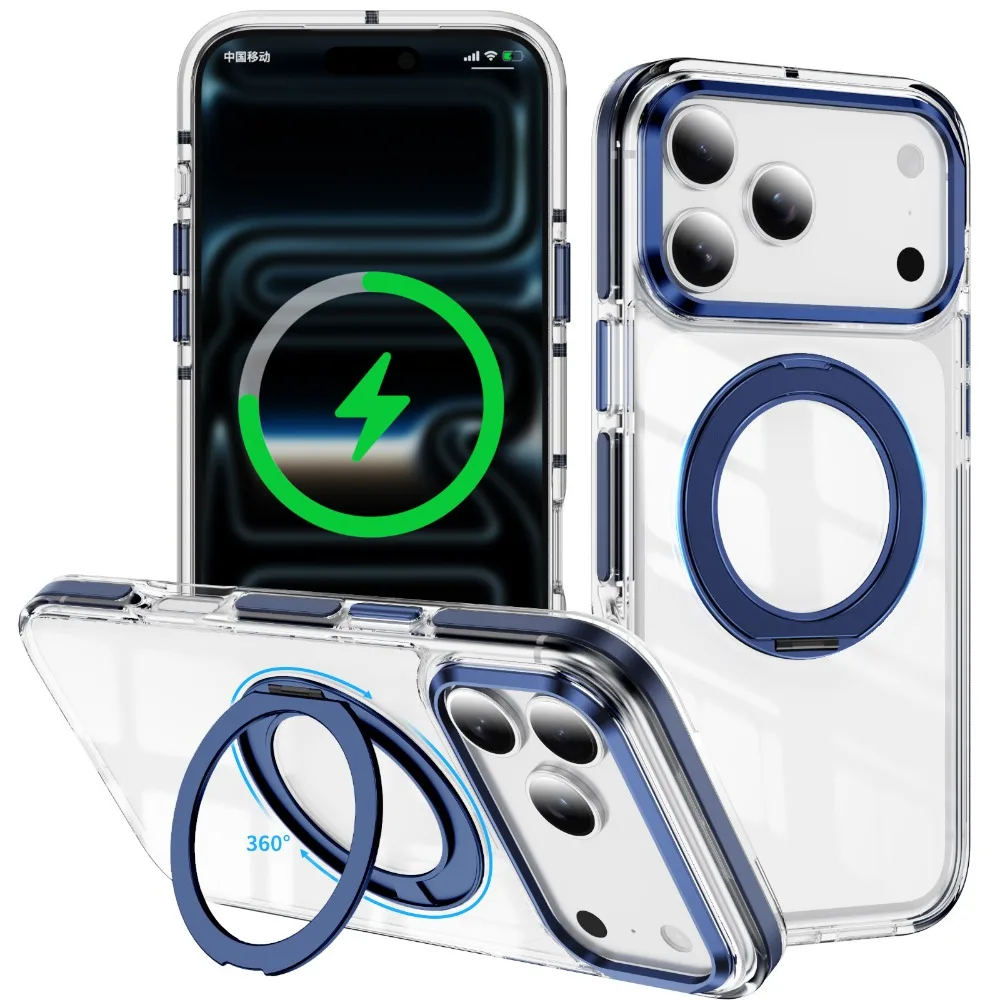 (azul, Iphone 15 Pro Max) Capa Magnética Para Celular Com Suporte Giratório De 360° E Proteção Contra Quedas Com Airbag.