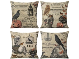 Conjunto de 4 capas de travesseiro Nova Line Halloween com aves, caveira, abóbora 18x18