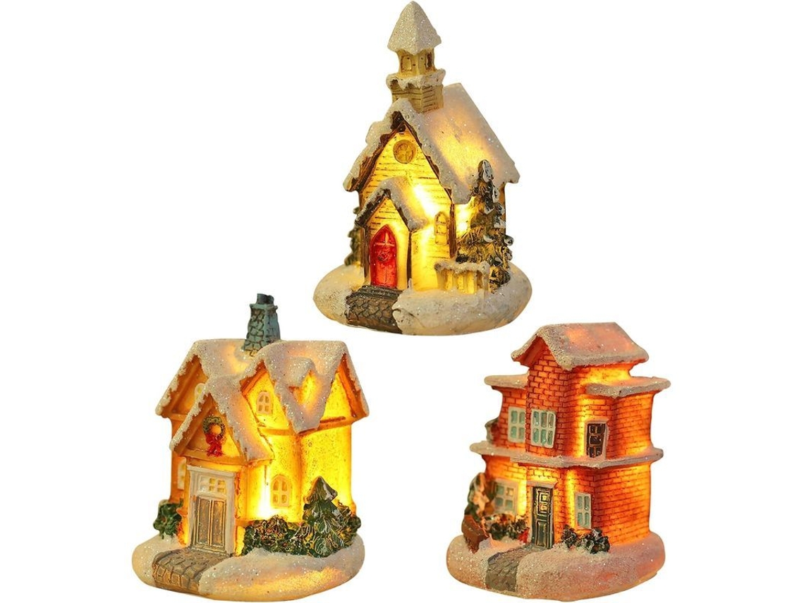 Conjunto de casas de vila natal 3pçs com luz led decorativos de natal resina para festas S/MARCA