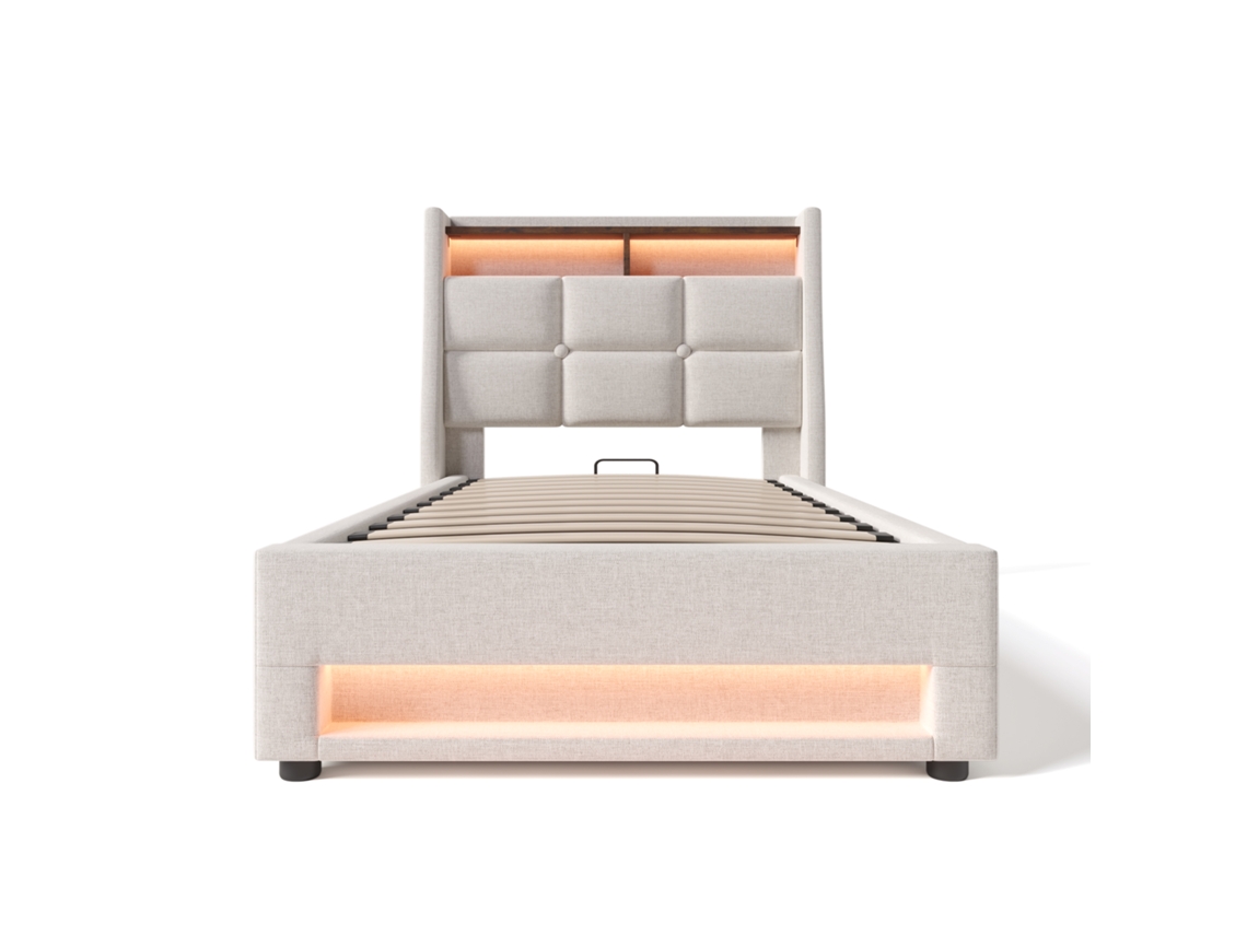 Cama Estofada Usb 90x200cm com Led e Estrado de Ripas PAPRIKA