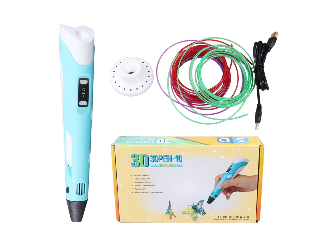 Kit caneta de impressão 3d com filamento PLA, cabo USB, base azul, brinquedo artístico