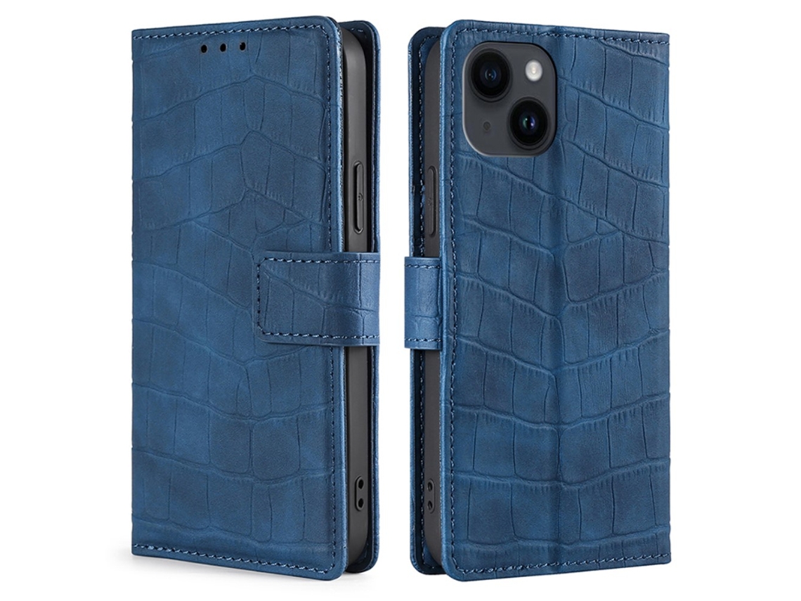 Capa Textura Crocodilo Para Iphone 15 Plus Pele Sintética Anti-choque Azul
