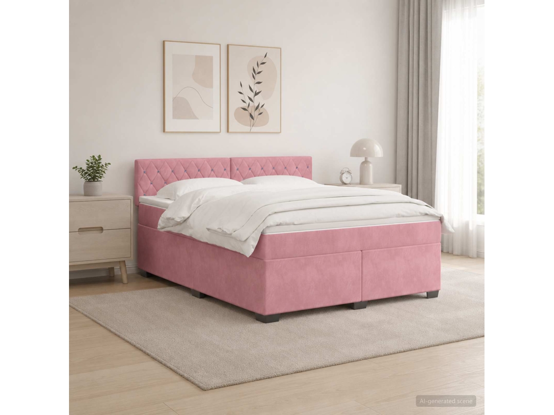 Vidaxl Cama Box Spring Com Colchão E Led Rosa 140 X 200 Cm Veludo