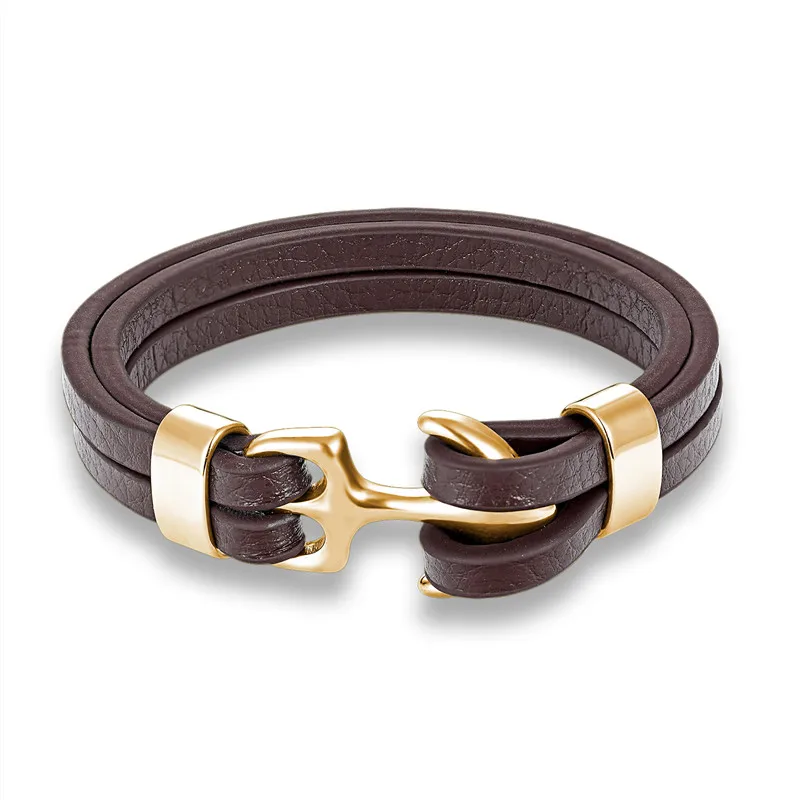 Pulseira Masculina Em Couro Genuíno Com Pingente De Âncora E Fecho Em Aço Inoxidável.