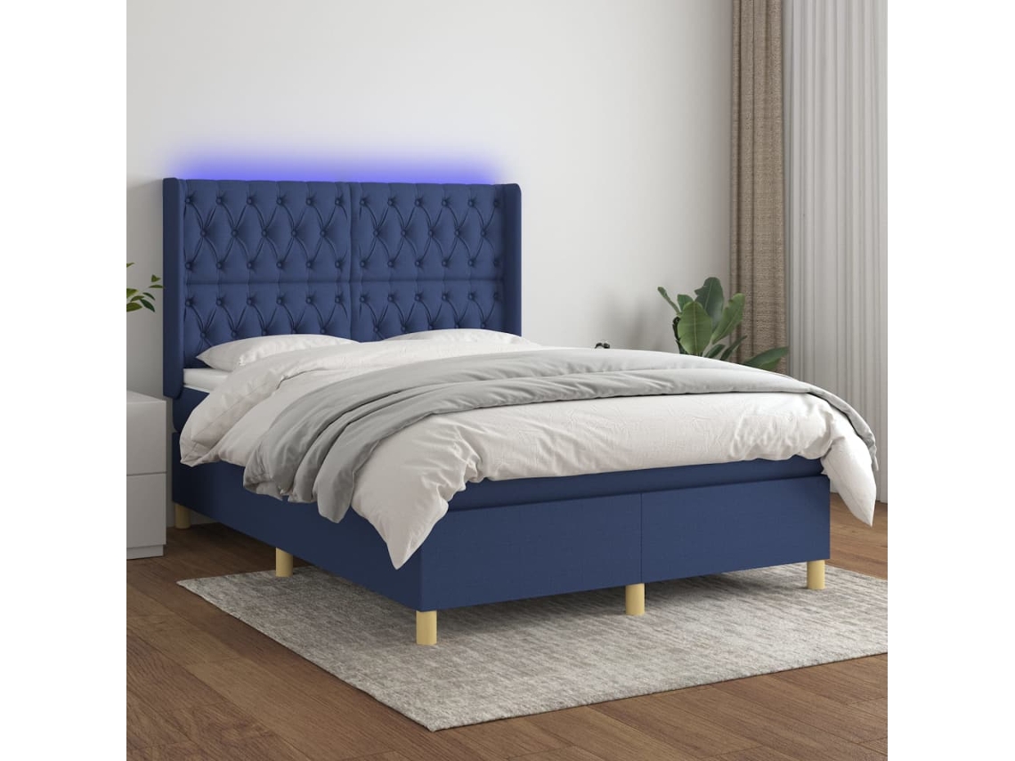 Vidaxl Cama Box Spring C/ Colchão E Led 140x190 Cm Tecido Azul