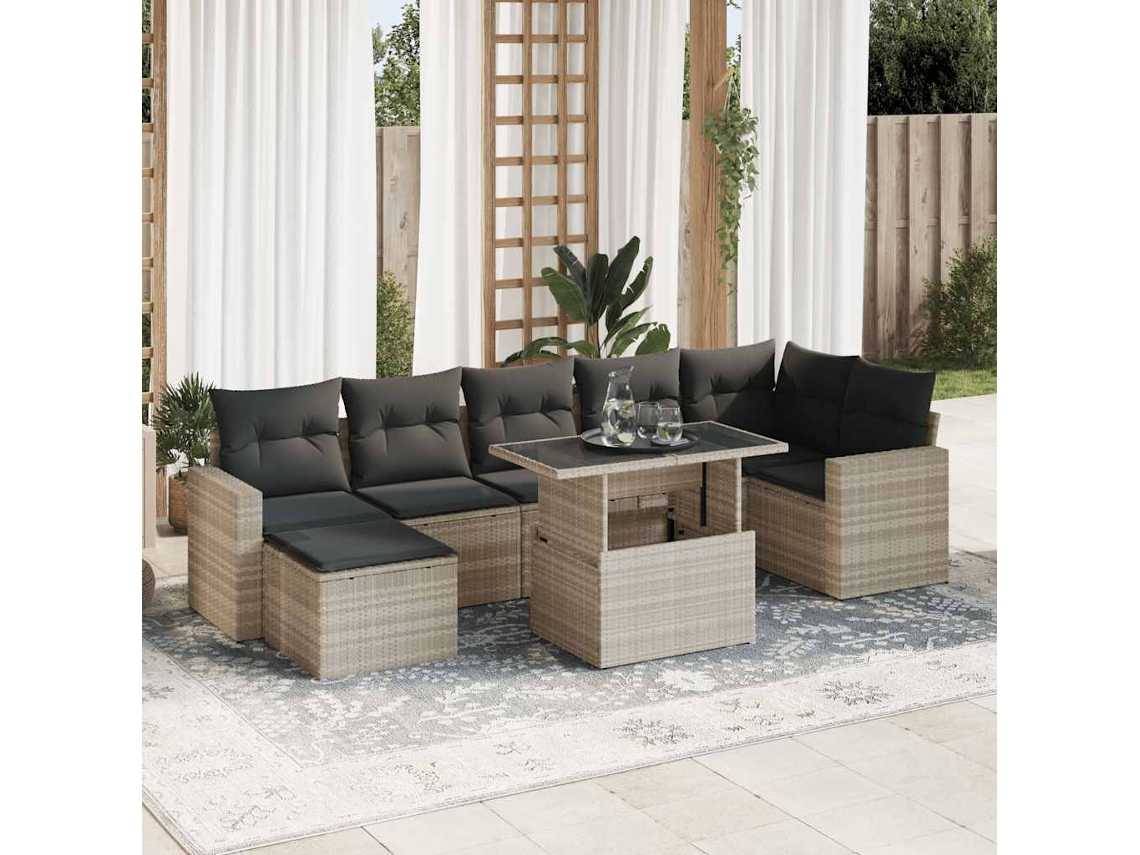 Vidaxl 8 Pcs Conj. Sofás Jardim C/ Almofadões Vime Pe Cinzento-claro