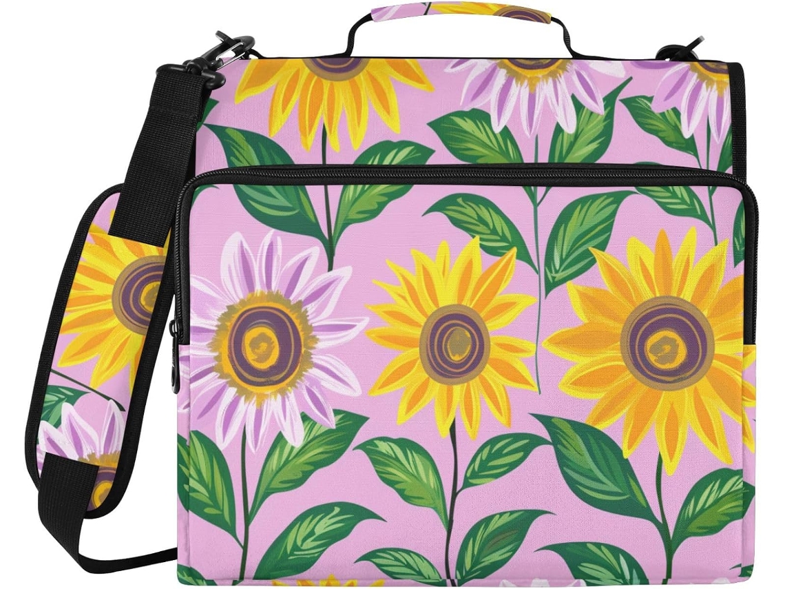 Pasta com Zíper, Alça de Ombro e Bolso Ideal para Escola Escritório. Estampa Colorida Girassóis o Verão. 3,8 C