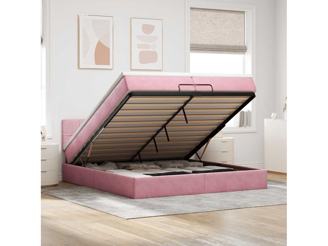 Moldura De Cama Otomana Vidaxl Com Colchão Rosa 200x200cm Veludo