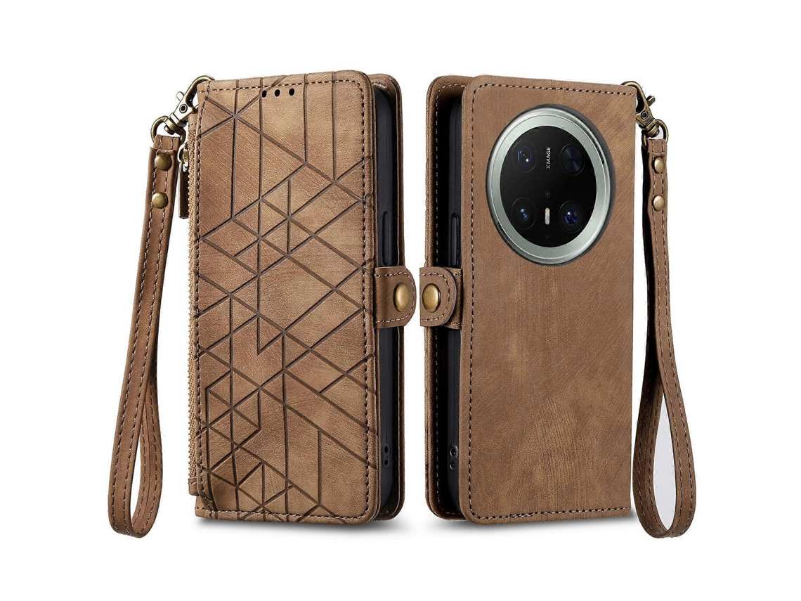 Capa De Celular De Couro Com Zíper Geométrico E Fivela Lateral