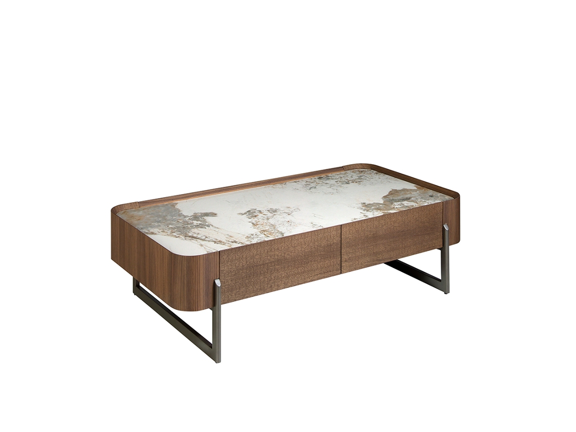 Mesa de Centro Retangular em Mármore Porcelânico Nogueira e Aço Metálico Escuro ANGEL CERDA 140 x 75 x 40