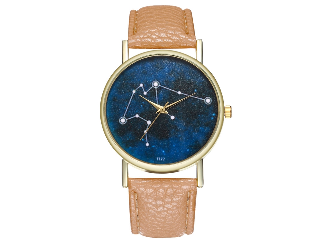 Reloj De Cuarzo De Pulsera Moda Con Dial Cielo Estrellado Y Correa De Cuero Beige Unisex