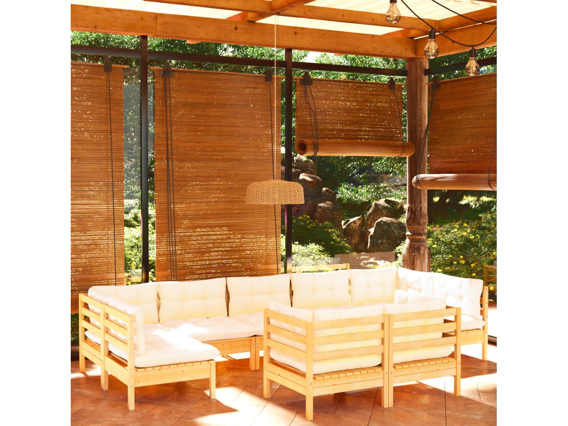 Vidaxl 9 Pcs Conjunto Lounge Jardim C/ Almofadões Creme Pinho Maciço