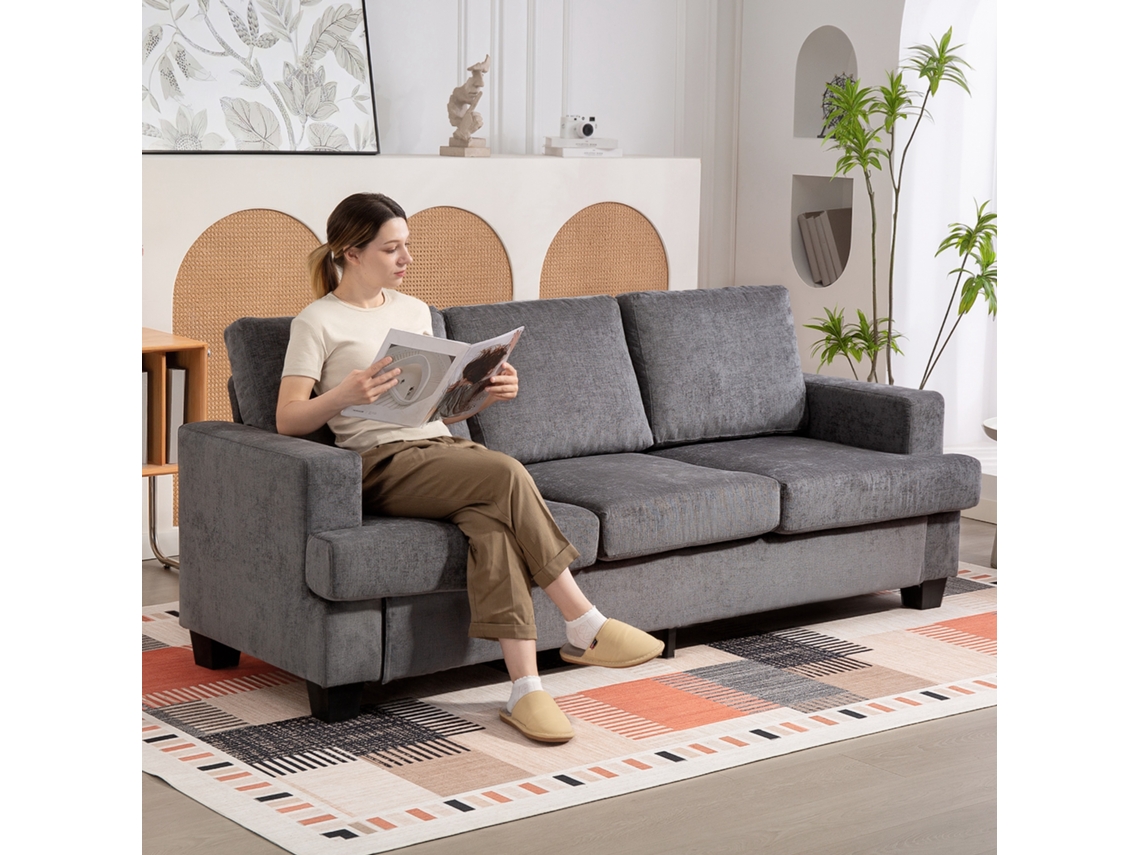 Sofá Cinza 3 Lugares Em Chenilhe, Estrutura De Aço E Estofamento Reforçado, Modelo Contemporâneo Com 213x82x90 Cm