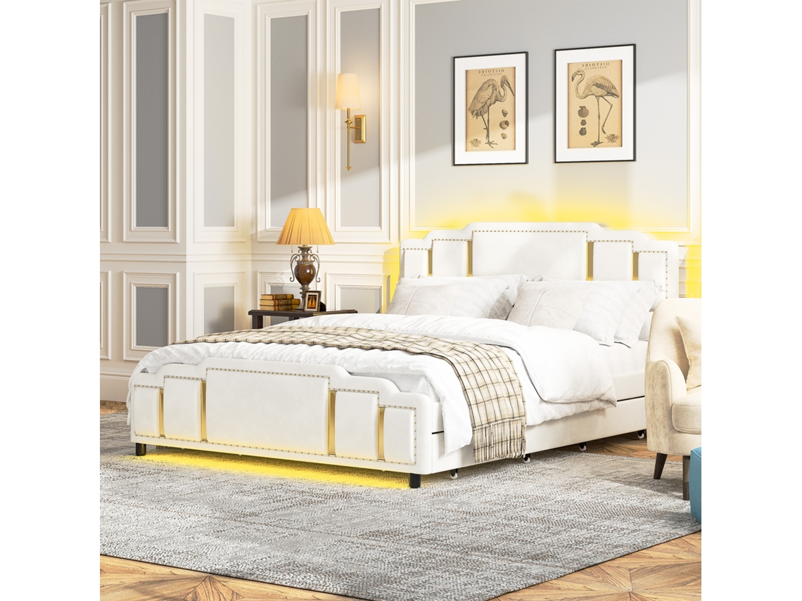 Cama com Gavetas de Arrumação e Detalhes Dourados 140x200 Cm Bege ROLIPO
