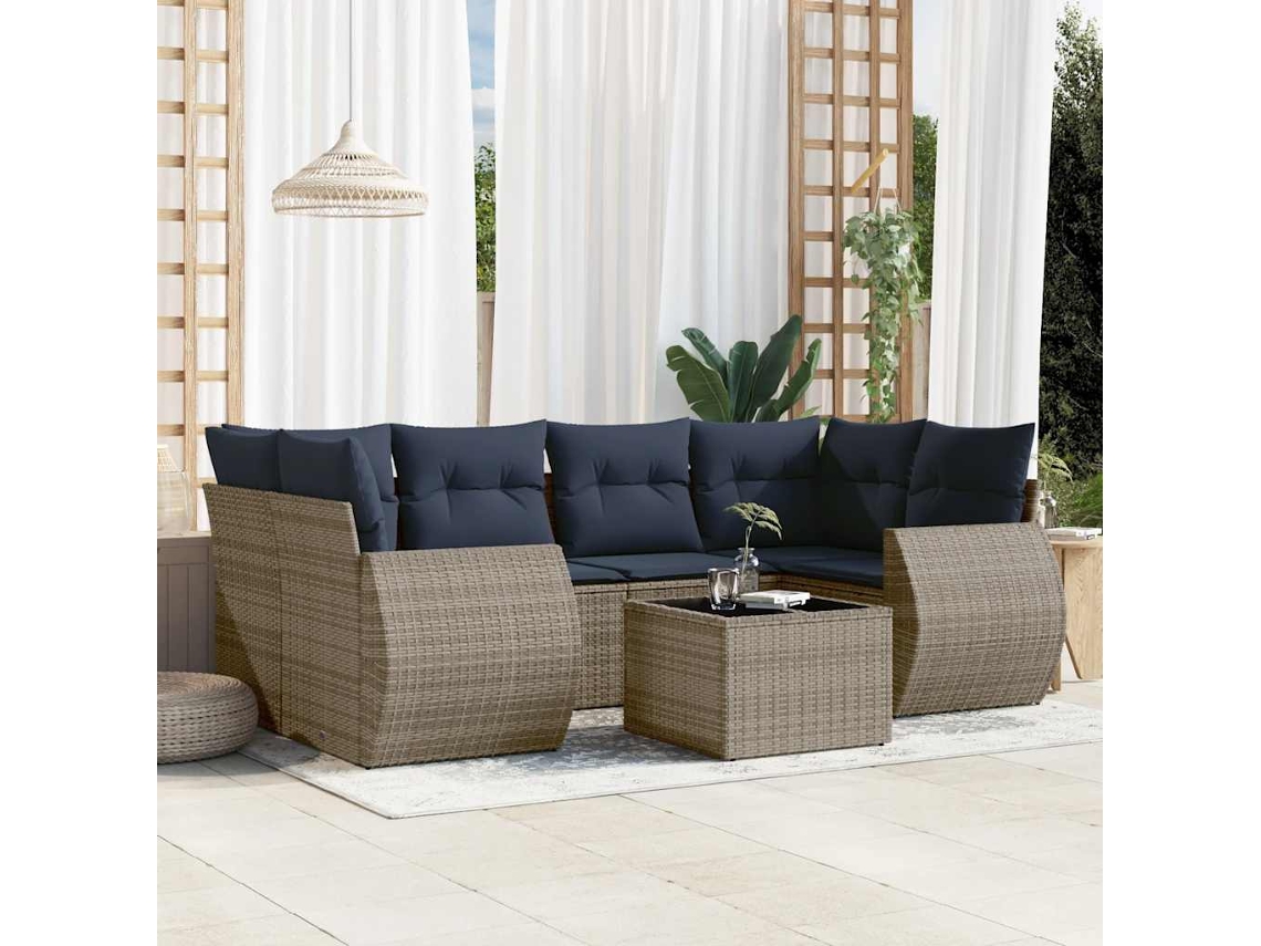 Vidaxl Conjunto De Sofá De Jardim Com 7 Peças E Almofadas Em Rattan Sintético Cinza