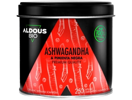 Suplemento Alimentar Ashwagandha com Pimenta Preta Biológica 250 Cápsulas ALDOUS Bio