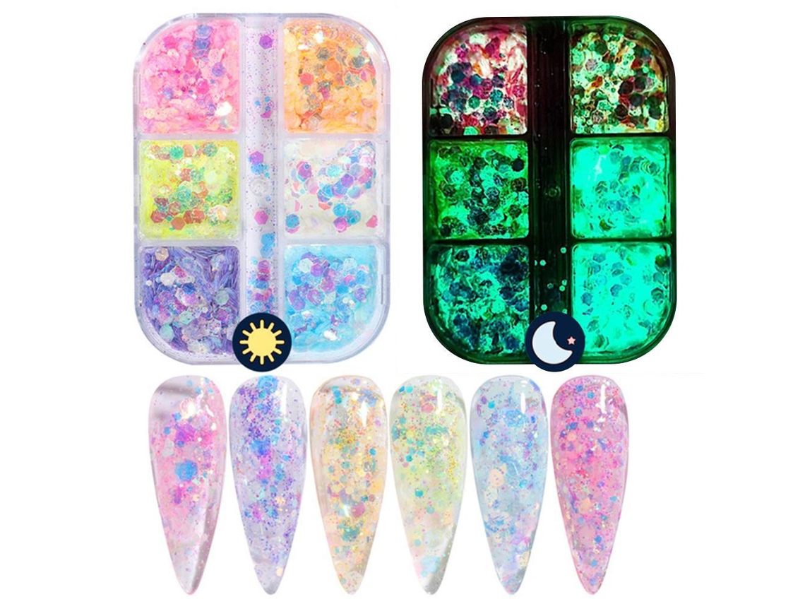 6 Cores De Pó Luminoso Para Unhas Em Neon Pigmento Com Glitter E Sequins Artístico Para Mulheres E Meninas
