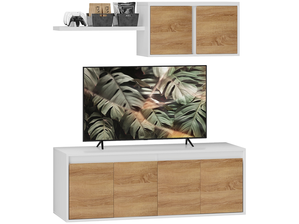 Conjunto de Armários de Tv e de Parede com 7 Prateleiras e Prateleira Aberta. na Madeira. 120x41x43,3 Cm. Branco e Cor da Madeira Ge