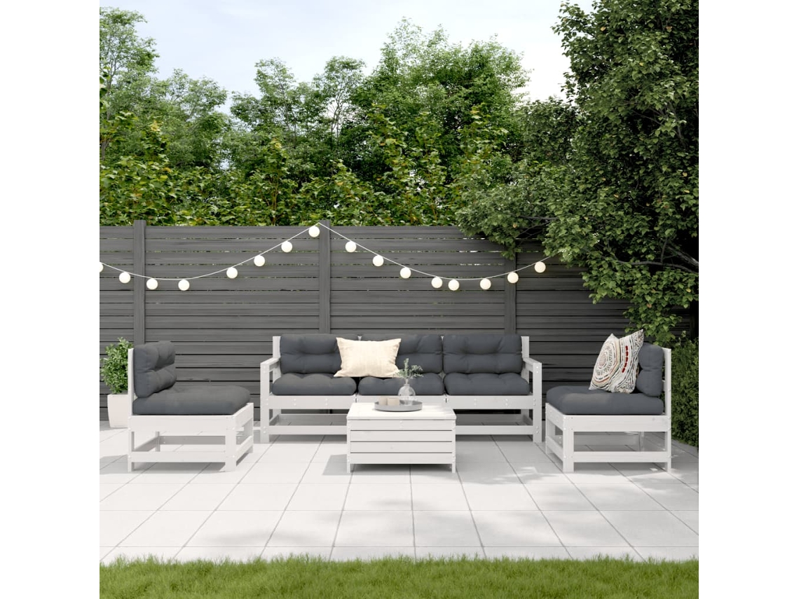 Vidaxl 6 Pcs Conjunto Lounge Jardim C/ Almofadões Pinho Maciço Branco