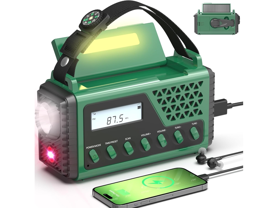 Carregador de Rádio de Emergência AQUAFORGE com Manivela, Alto-falante Bluetooth, Recarregável, Verde militar