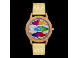 Relógio de quartzo unissex com pulseira de malha e mostrador com numerais romanos e padrão de peixe, dourado, Zhoulianfa.