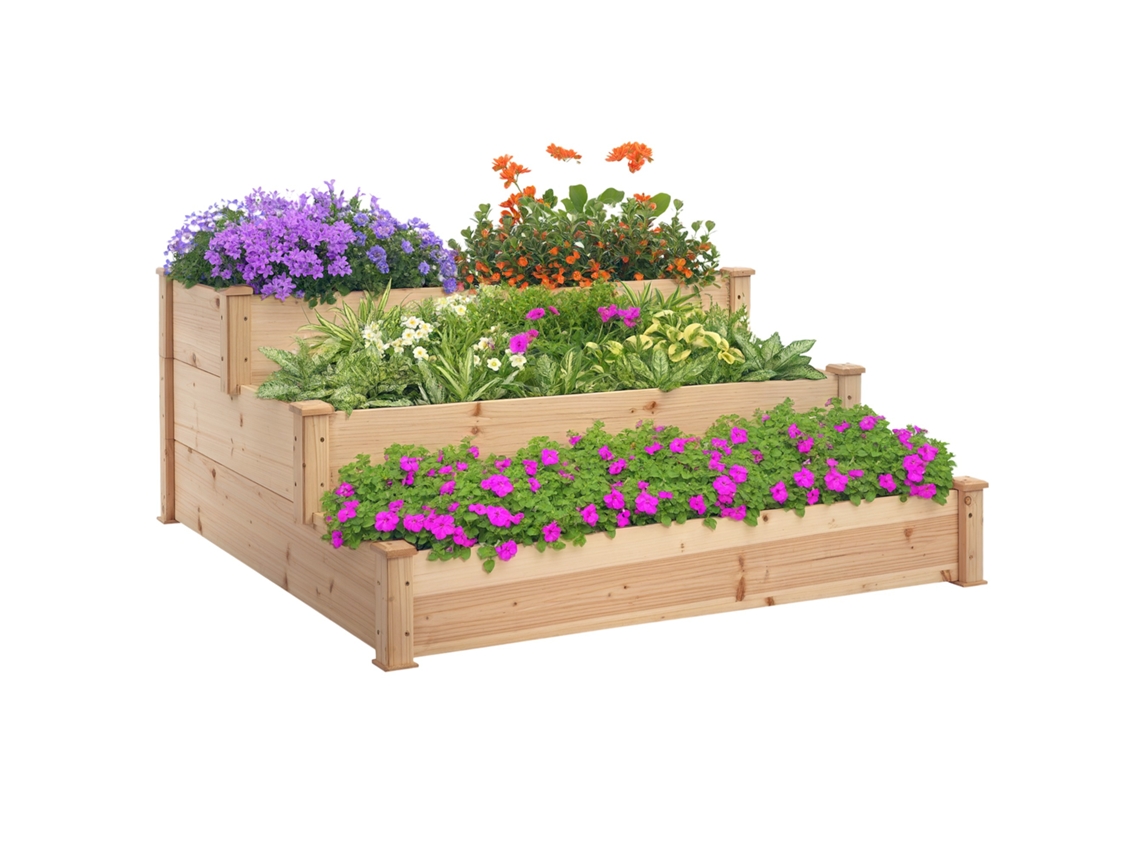 Canteiro Elevado De Madeira Natural Com Três Níveis. Jardineira Para Exterior. 120x120x56cm.