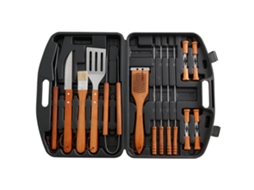 Conjunto De 19 Peças De Utensílios Para Churrasco Em Aço Inoxidável Com Cabos De Madeira — Kit Para Grelhar Ao Ar Livre