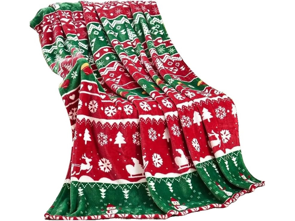 Manta de Inverno Syjym com Tema Natalino em Vermelho e Verde Flanela Aconchegante Quentinha para Casa Decorati