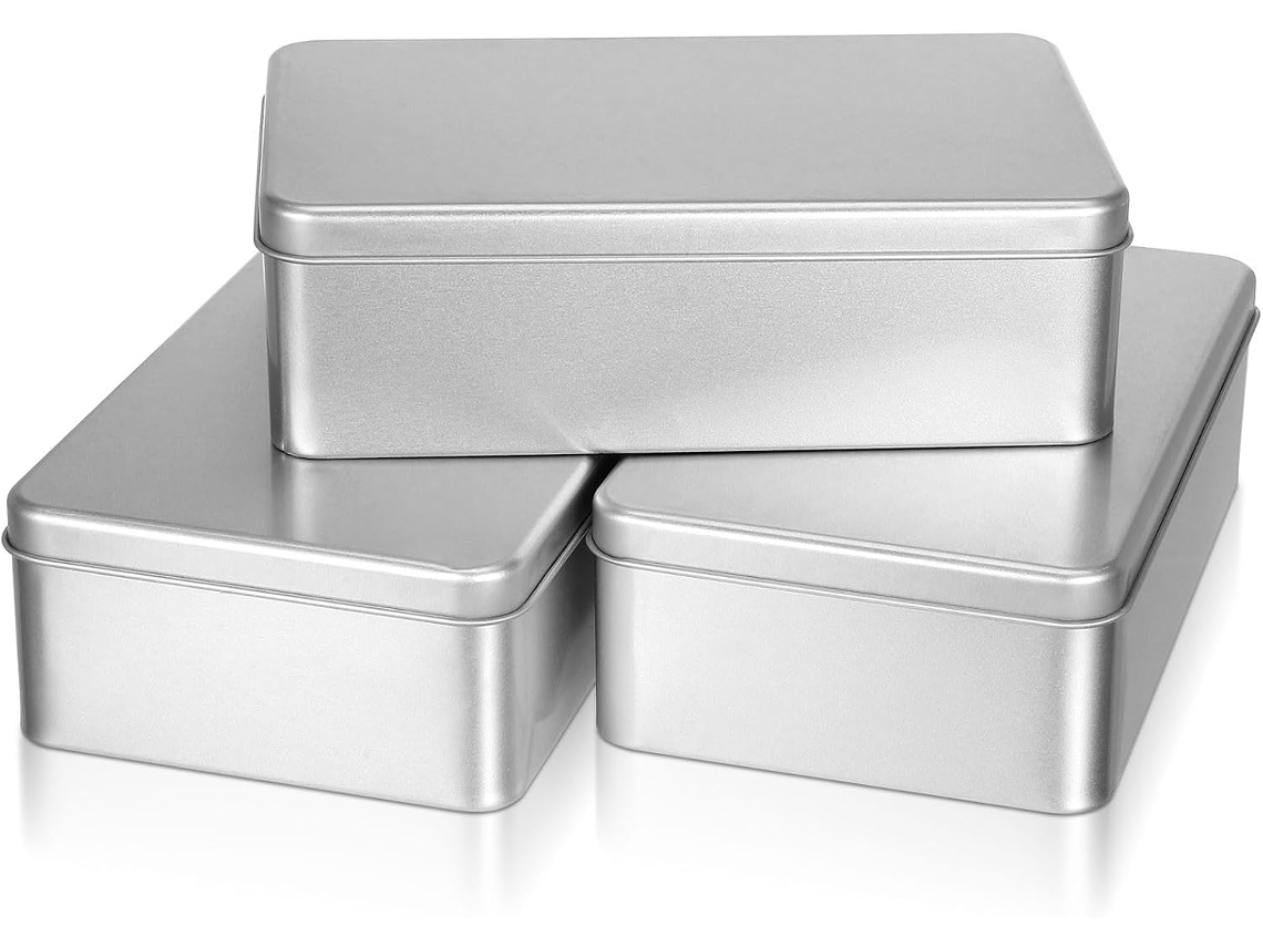 Conjunto De 3 Caixas Quadradas Lata Prateada Para Doces E Biscoitos