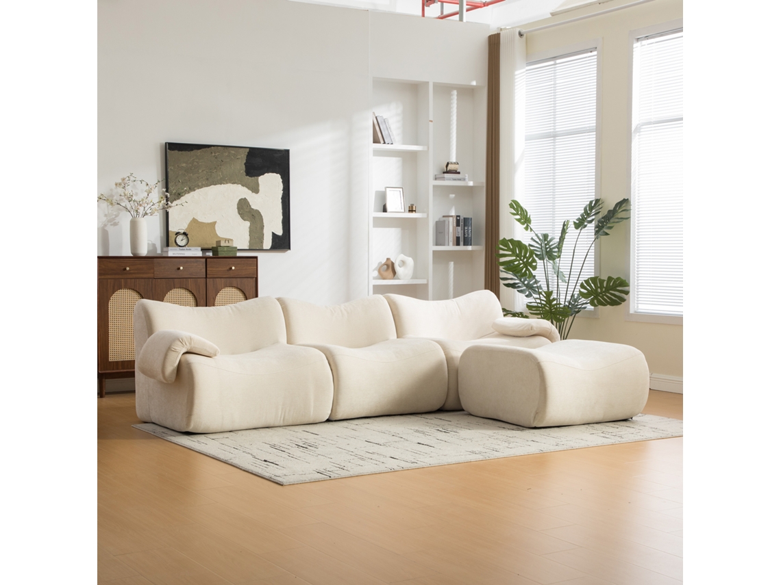 Sofá Modular Comprimido Em Chenille Com Espuma De Alta Densidade 30d, Design Moderno, Sem Montagem, Sala, Bege