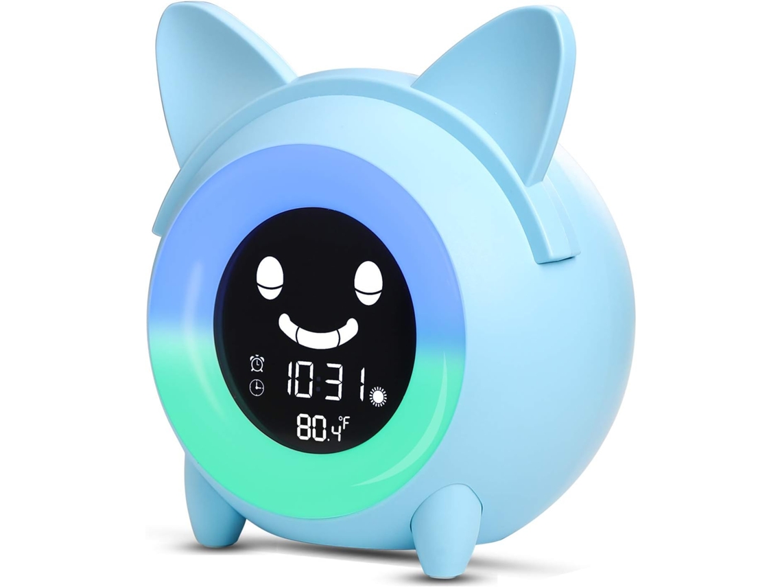 Despertador infantil Lyx com luz noturna de cinco núcleos, brilho ajustável, alto brilho, alarme com temporizador e visor automático de temperatura.