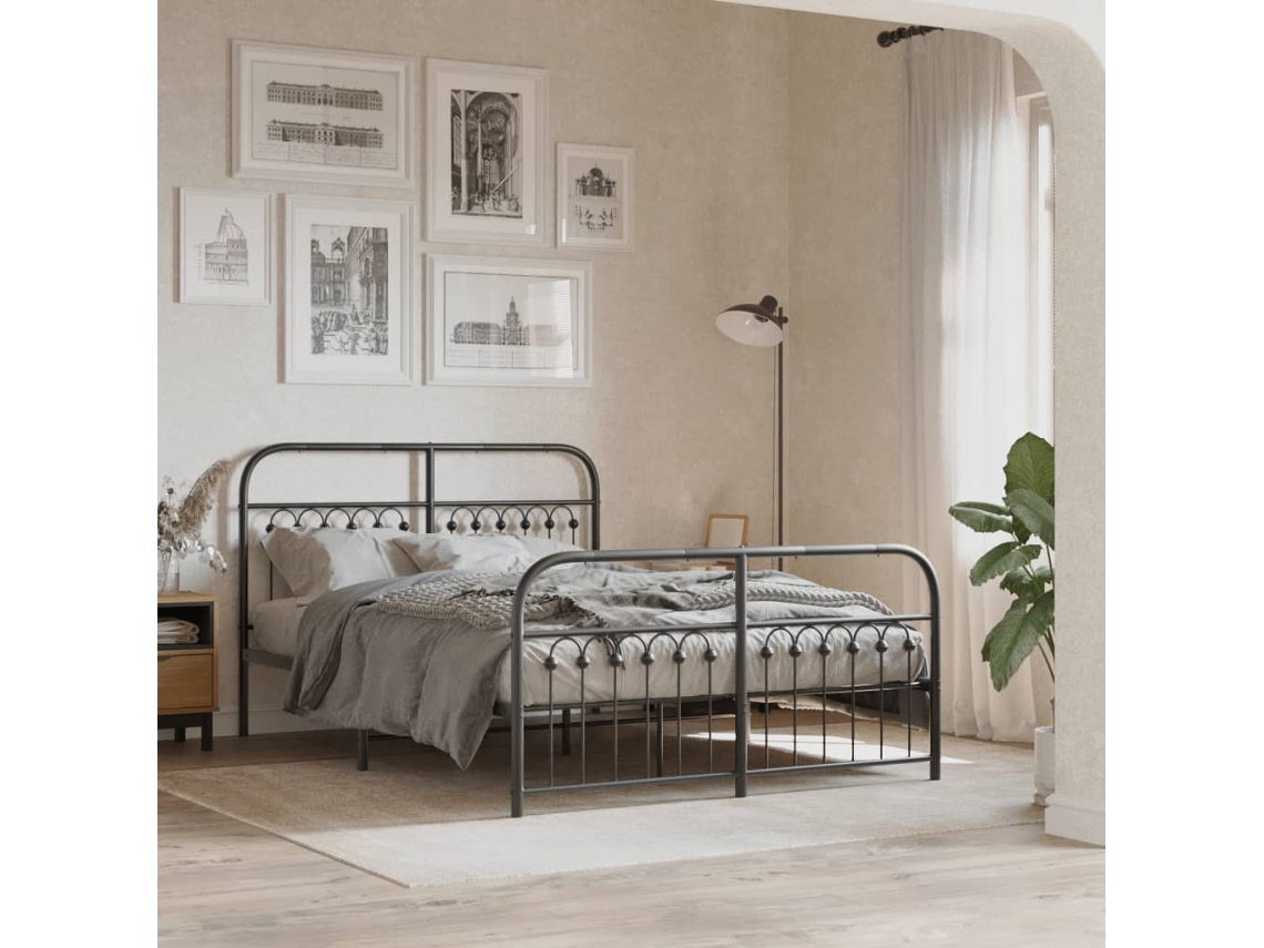Vidaxl Estrutura De Cama Com Cabeceira E Pés 137x190 Cm Metal Preto