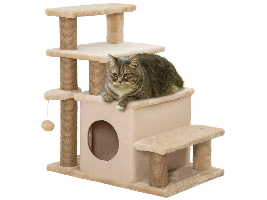 Escadas para Pets, Arranhador, 4 Degraus, Bola de Brincar, Casinha, Altura Ajustável, 60 X 40 X 66 Cm, Bege Ge