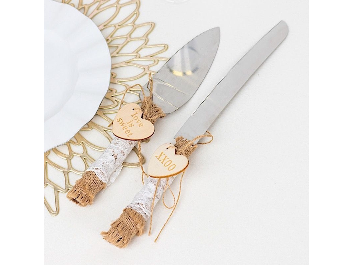 Conjunto De Servir Bolo Em Aço Inoxidável Prateado Natural Com Suporte Para Facas E Renda De Juta Para Festa SUNNY SPACES