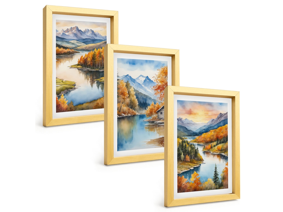 Composição De Quadros Na Paredepaisagens De Montanha No Outono Moldura Dourada Quadros Para A Sala De Estar Espelharte (3 Peças 20x30 Cm)
