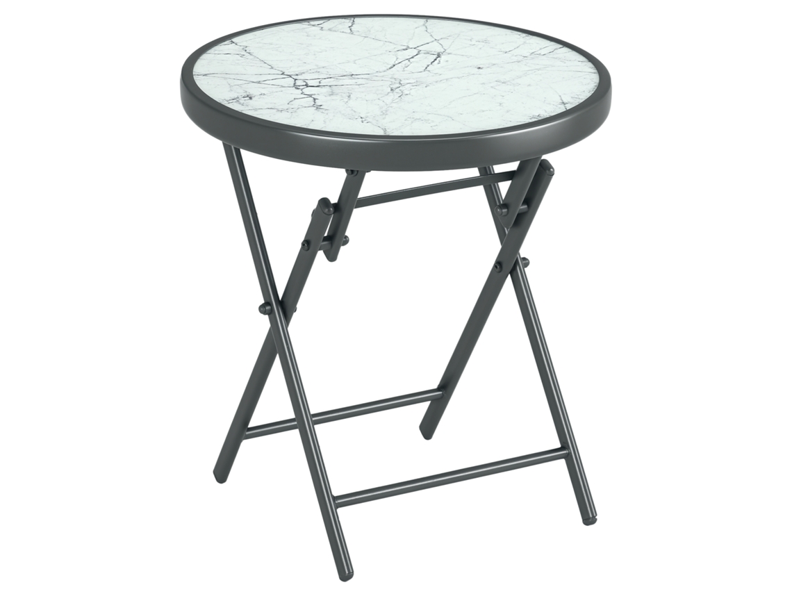 Mesa de centro/mesa lateral dobrável com tampo de vidro temperado com efeito mármore e estrutura de metal (Ø45x50 cm) branca ZENCORE SERVICES