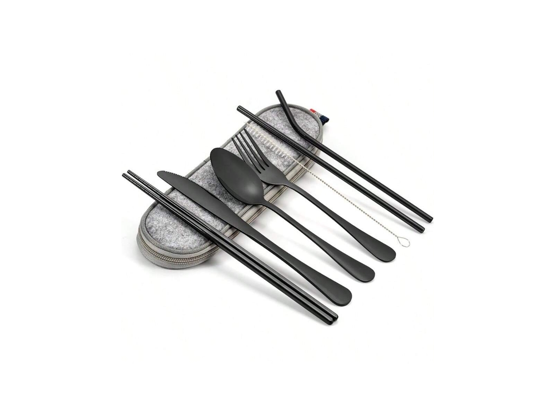 Conjunto 8 Peças Talheres Reutilizáveis ​​inoxidáveis ​​ Com Estojo, Portátil, Para Campismo, Lunch Box. Igvtrade