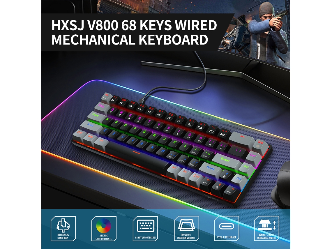 Teclado Mecânico Gamer Com Fio Hxsj V800 68 Teclas, Interruptores Vermelhos Rgb, Cinza