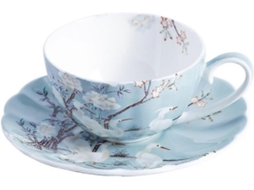 Xícara De Café Azul Com Pires Em Porcelana Fina, Flores Coloridas, Chá E Branca Tran. Aquaforge